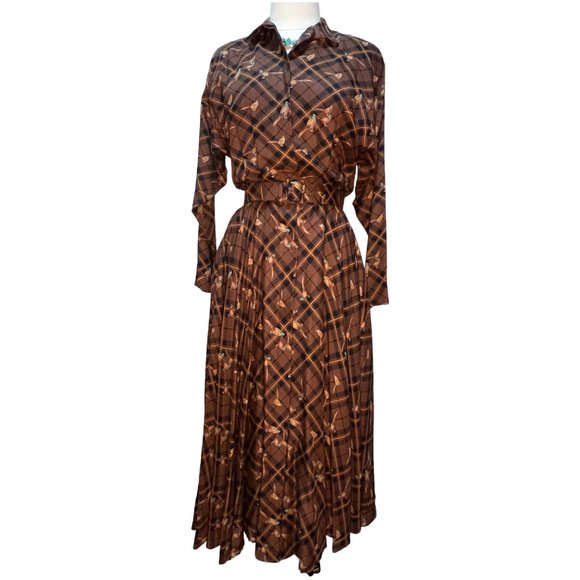 Charter Club Dresses Vintage Brown Plaid Pheasant Print Long Dress